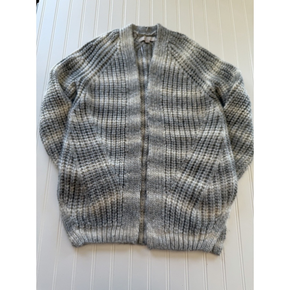 LOFT Oversized Open‎ Front Cardigan Chunky Ribbed Gray White XS